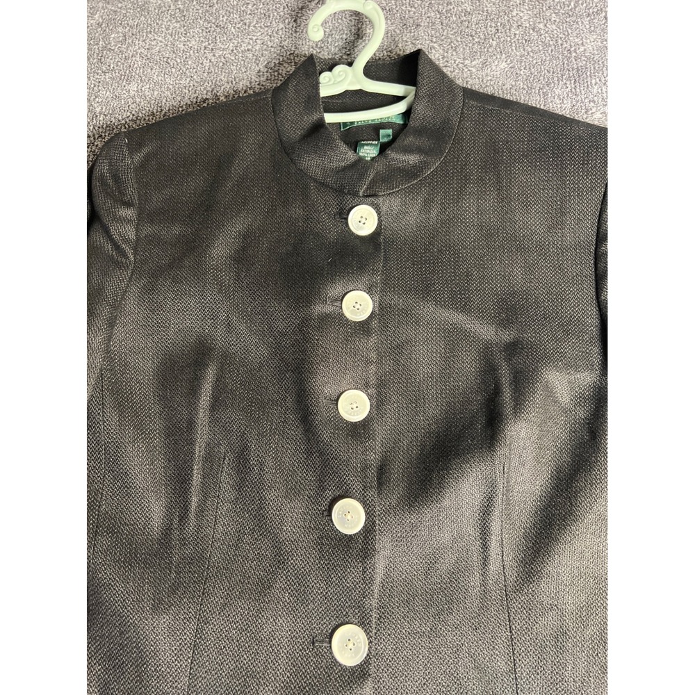 Lauren Ralph Lauren Black 100% Linen Mandarin Collar Button Blazer Jacket 12